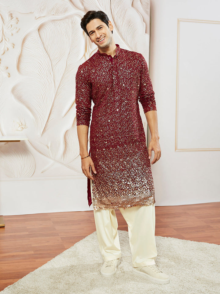 Sarvati Men's Maroon Georgette Zari With Sequins Worked Kurta Patiala Set