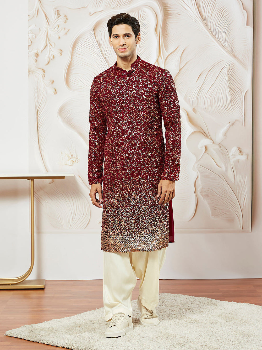 Sarvati Men's Maroon Georgette Zari With Sequins Worked Kurta Patiala Set