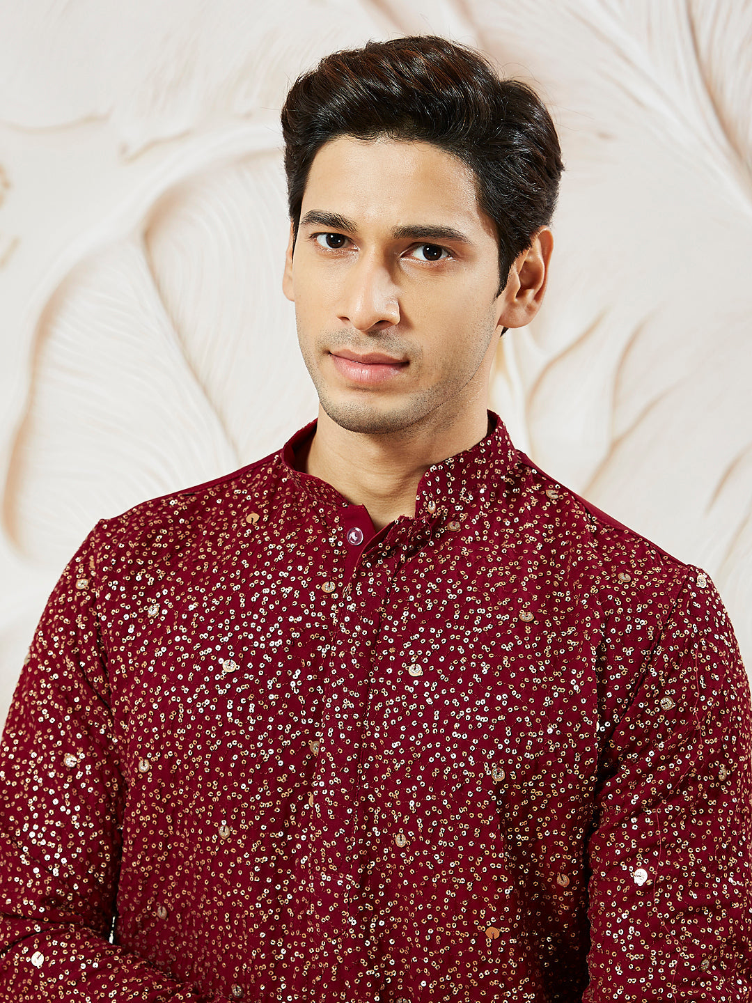 Sarvati Men's Maroon Georgette Zari With Sequins Worked Kurta Patiala Set