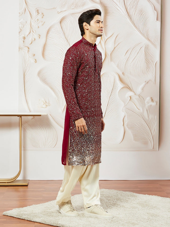 Sarvati Men's Maroon Georgette Zari With Sequins Worked Kurta Patiala Set