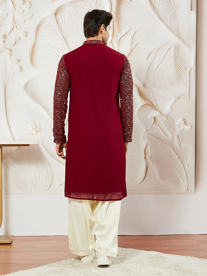 Sarvati Men's Maroon Georgette Zari With Sequins Worked Kurta Patiala Set