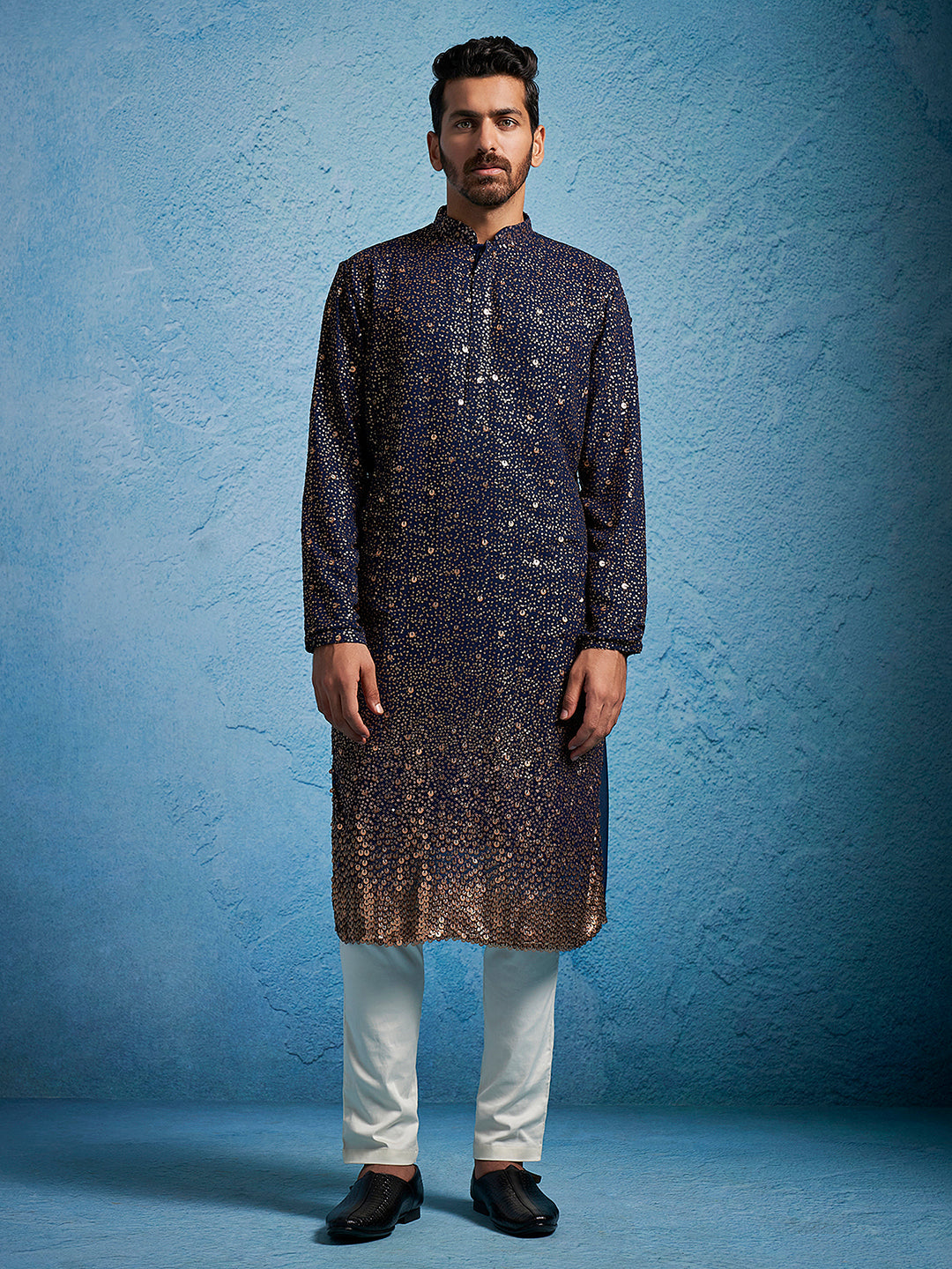 Shrestha By Sarvati Men's Navy blue And Cream Georgette Kurta Pyjama Set