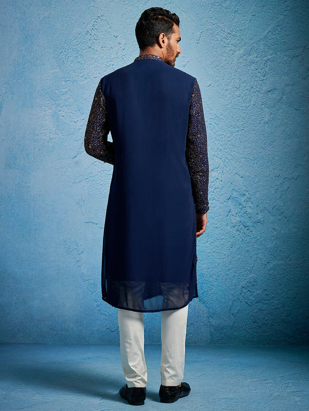 Shrestha By Sarvati Men's Navy blue And Cream Georgette Kurta Pyjama Set