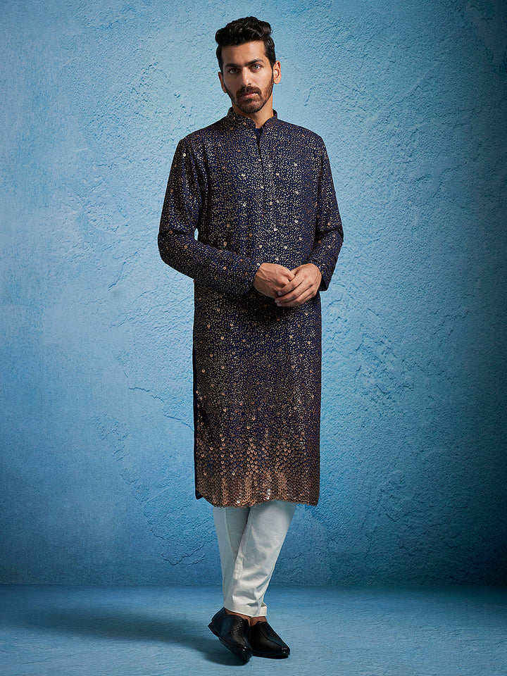 Shrestha By Sarvati Men's Navy blue And Cream Georgette Kurta Pyjama Set