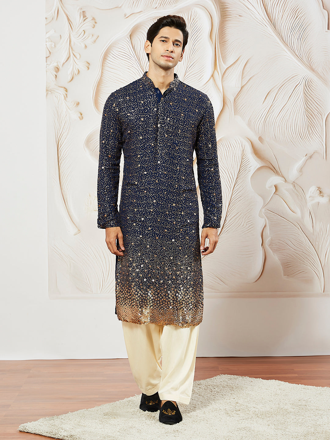 Sarvati Men's Navy Blue Georgette Zari With Sequins Worked Kurta Patiala Set