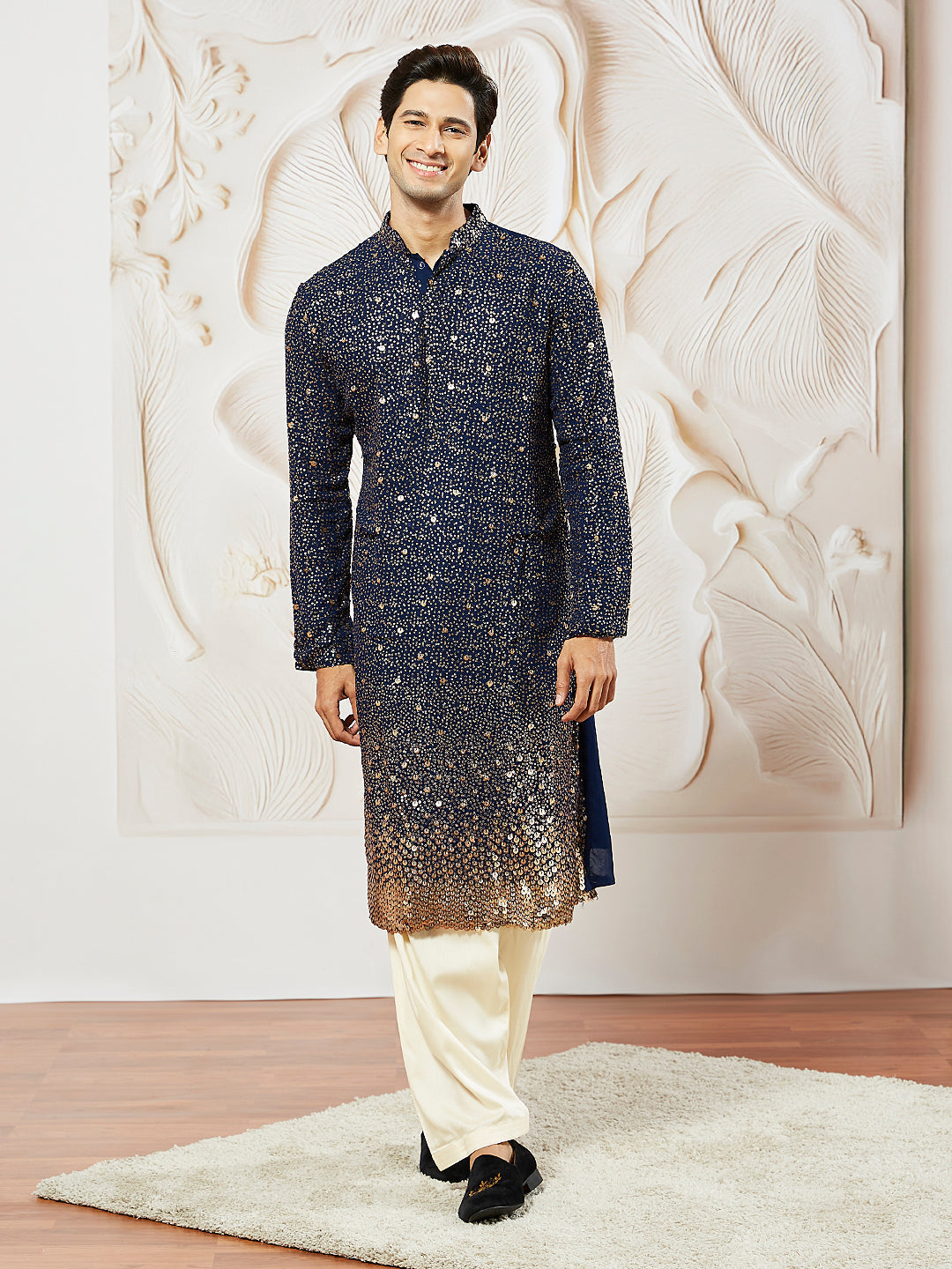 Sarvati Men's Navy Blue Georgette Zari With Sequins Worked Kurta Patiala Set