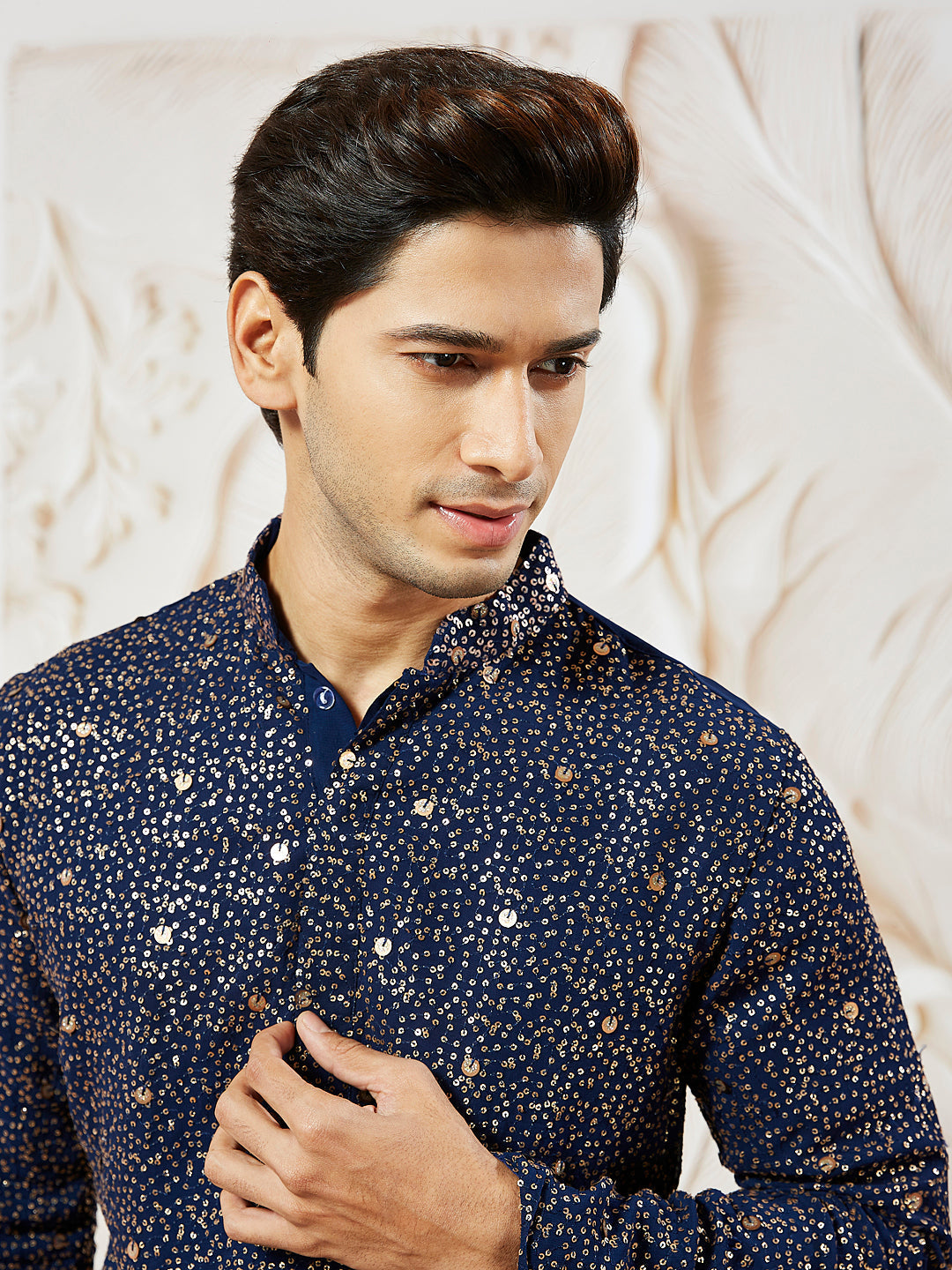 Sarvati Men's Navy Blue Georgette Zari With Sequins Worked Kurta Patiala Set