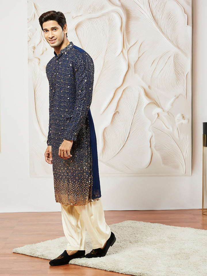 Sarvati Men's Navy Blue Georgette Zari With Sequins Worked Kurta Patiala Set