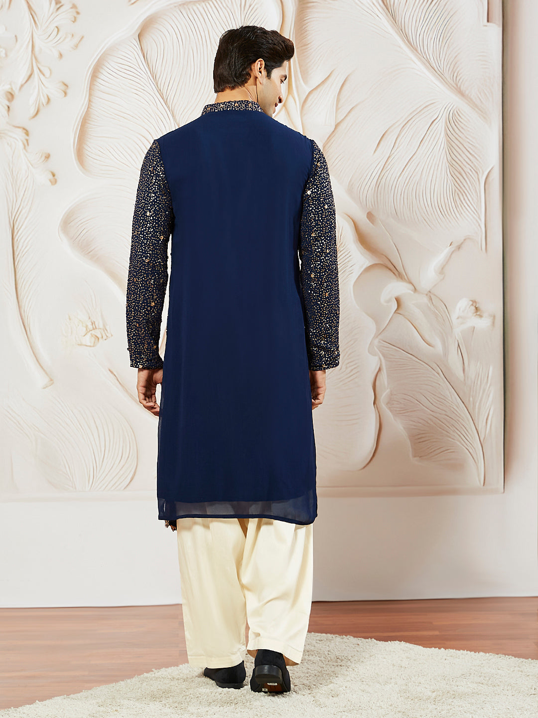 Sarvati Men's Navy Blue Georgette Zari With Sequins Worked Kurta Patiala Set