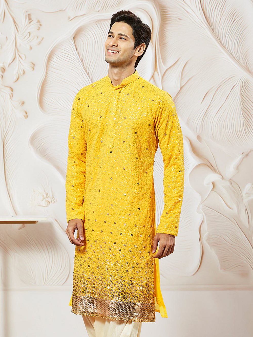 Men's Yellow  Georgette Zari With Sequins Worked Kurta