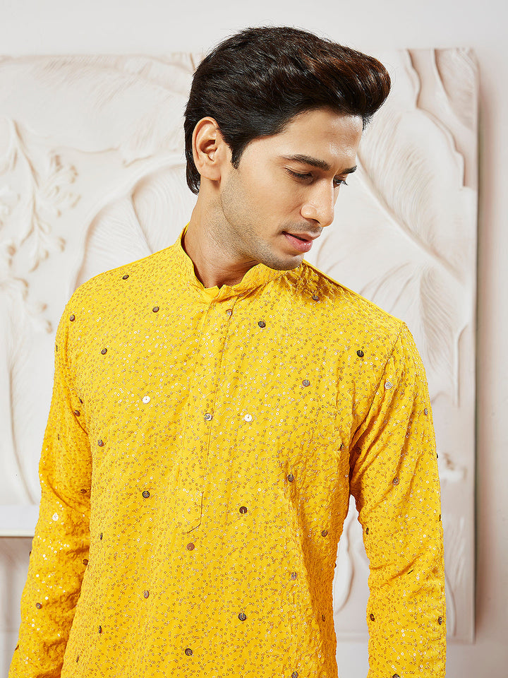 Men's Yellow  Georgette Zari With Sequins Worked Kurta