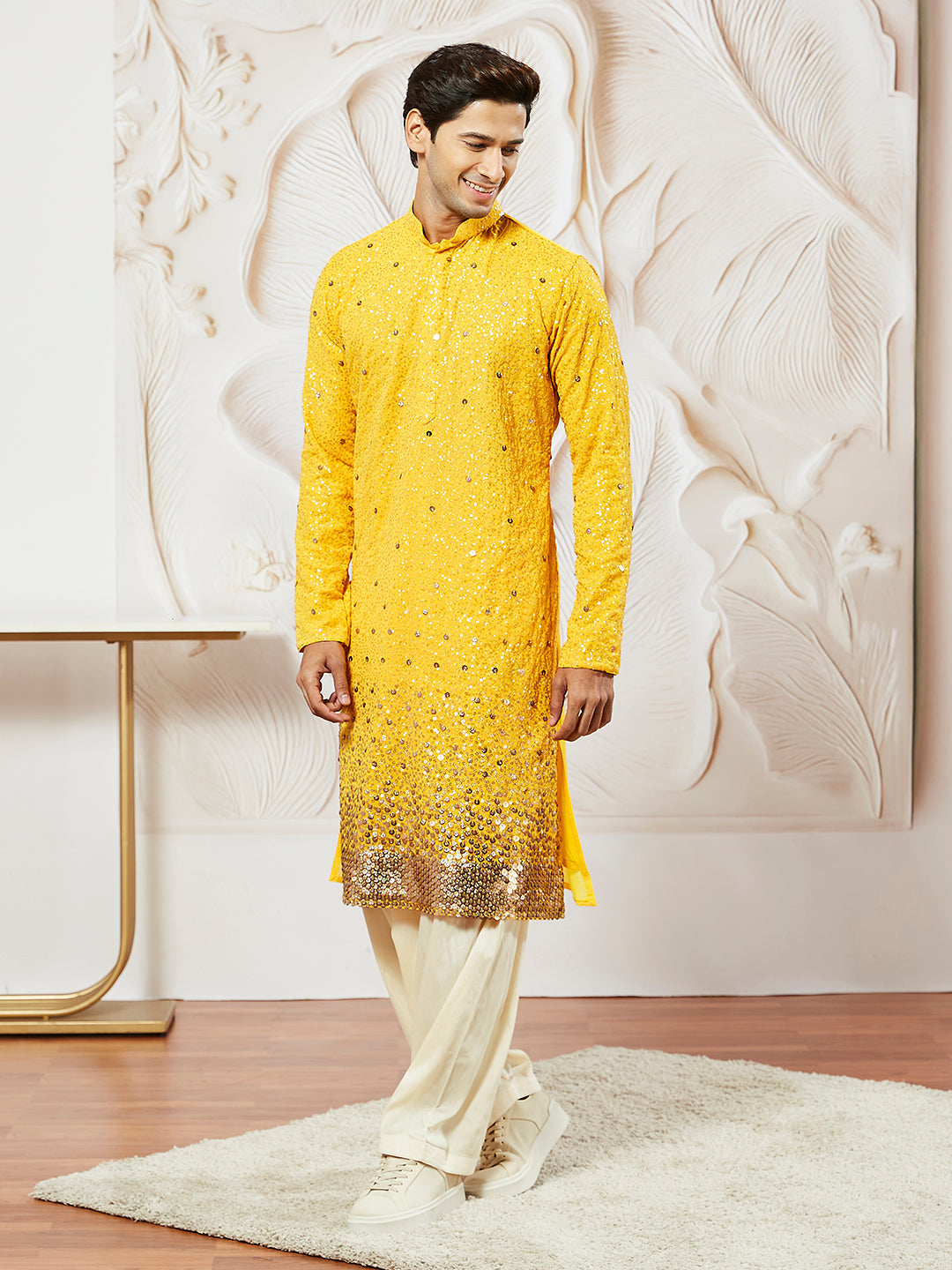 Sarvati Men's Yellow Georgette Zari With Sequins Worked Kurta Patiala Set