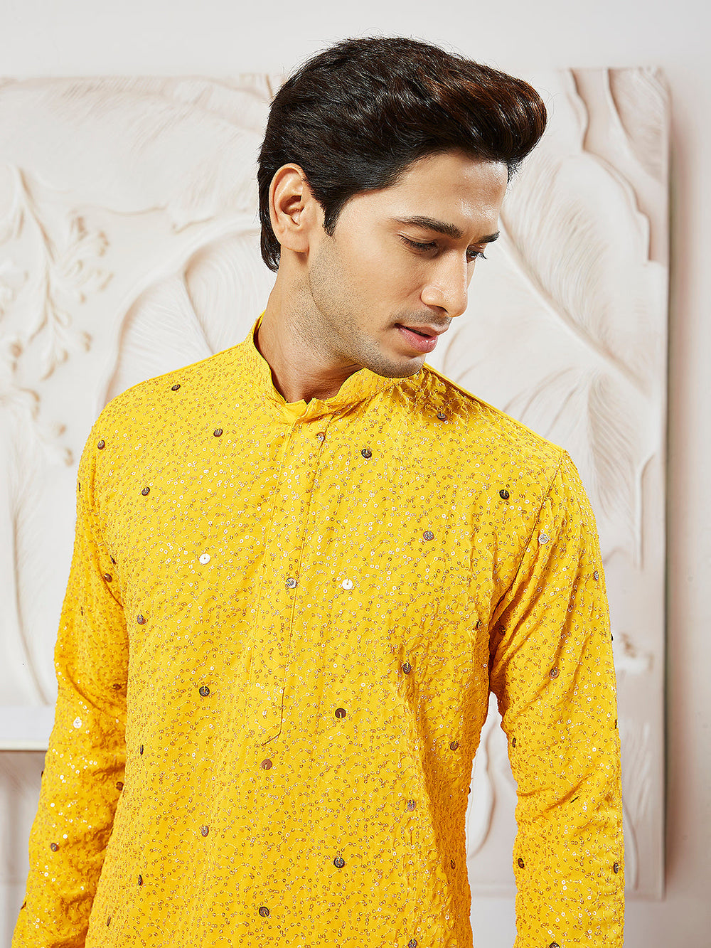 Sarvati Men's Yellow Georgette Zari With Sequins Worked Kurta Patiala Set