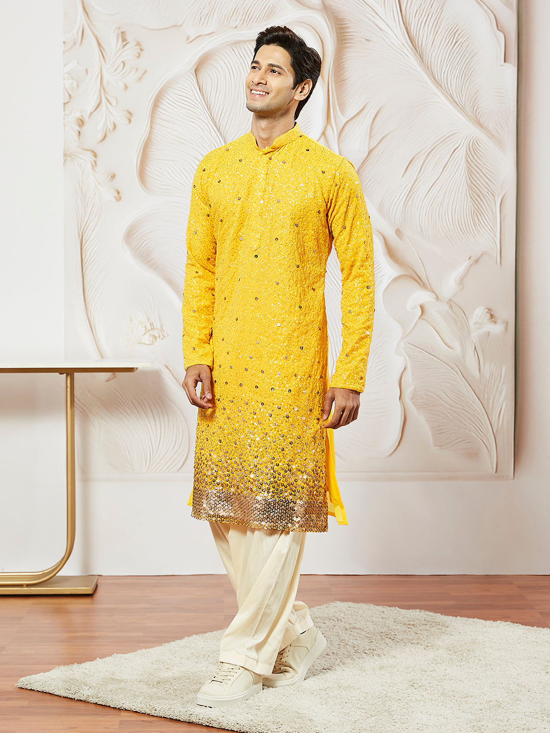 Sarvati Men's Yellow Georgette Zari With Sequins Worked Kurta Patiala Set