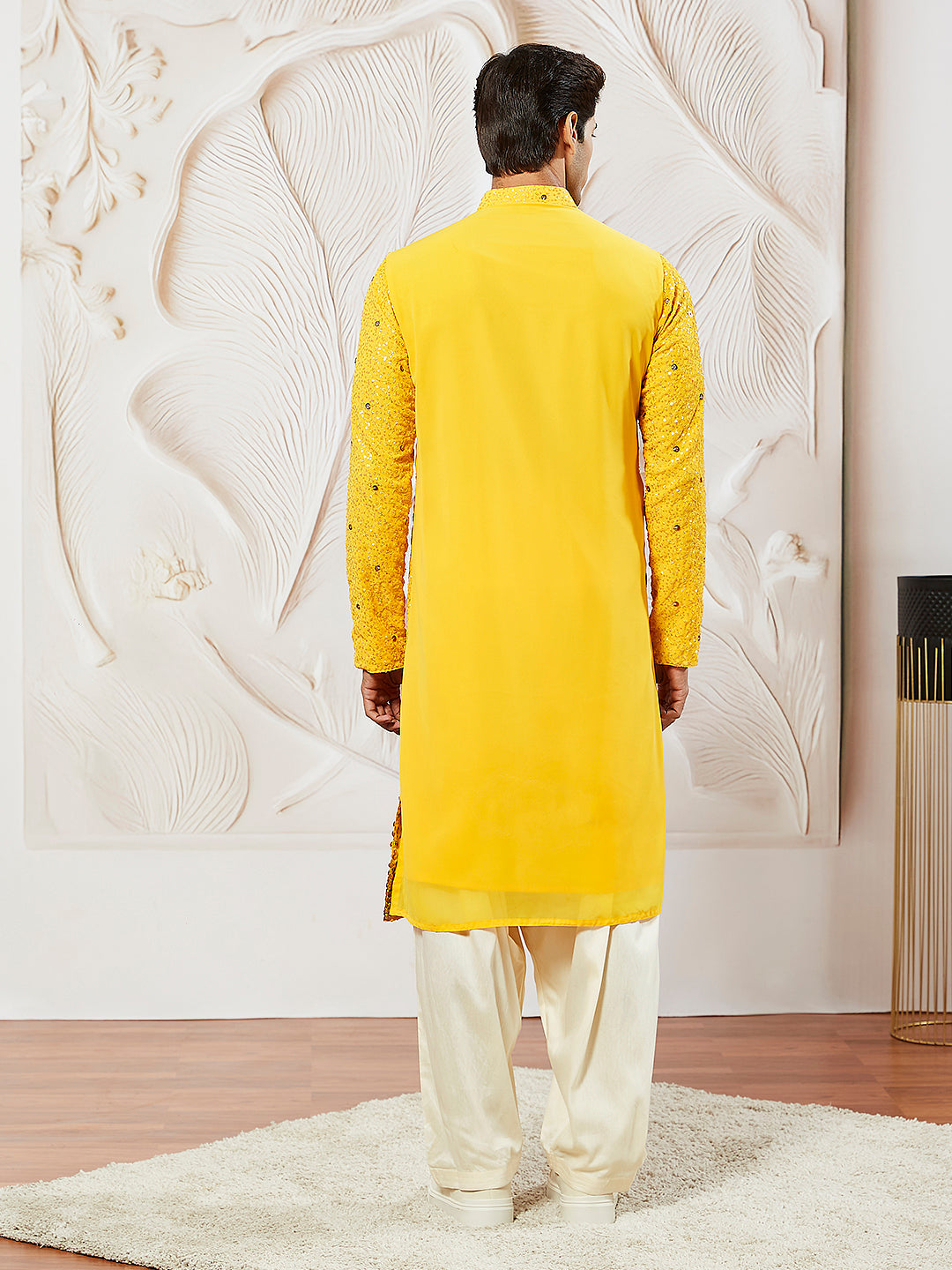 Sarvati Men's Yellow Georgette Zari With Sequins Worked Kurta Patiala Set