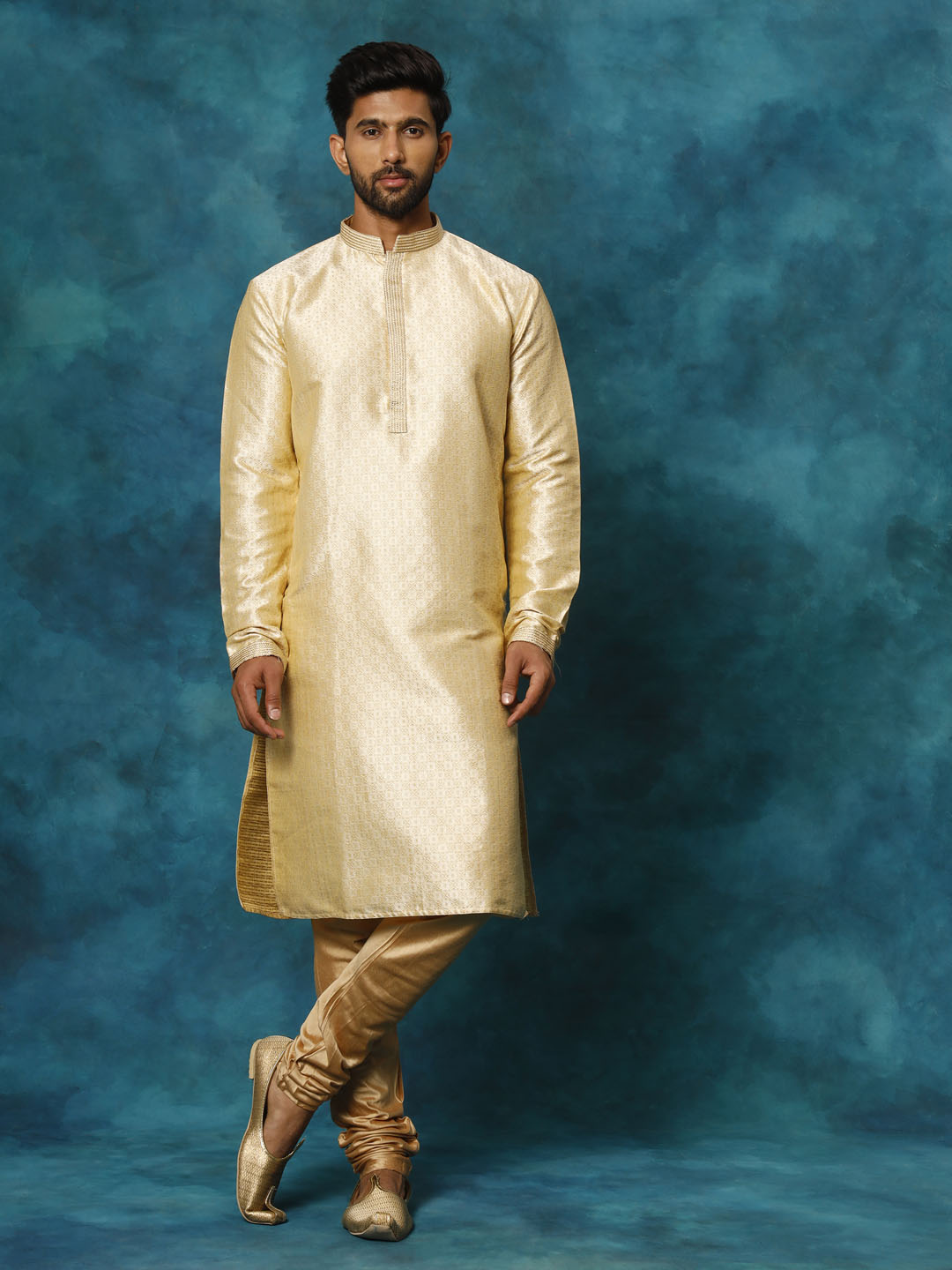 Sarvati Men's Gold And Rose Gold Silk Blend Kurta Pyjama Set