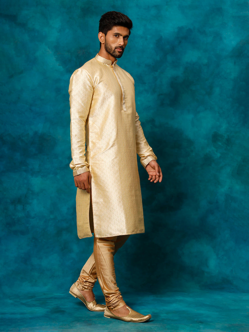 Sarvati Men's Gold And Rose Gold Silk Blend Kurta Pyjama Set