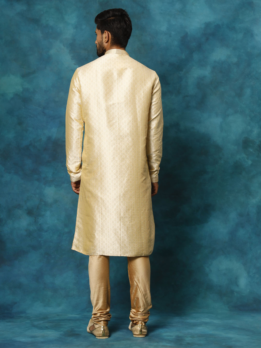 Sarvati Men's Beige Banarasi Jacquard Kurta Pyjama Set