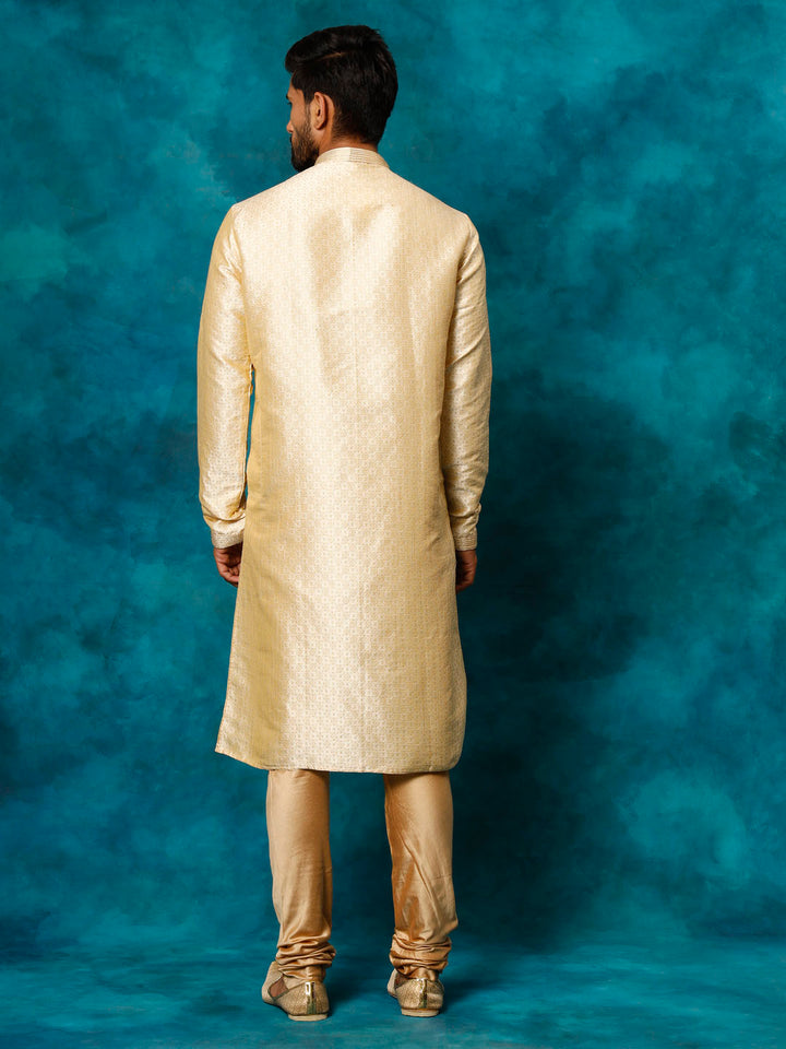 Sarvati Men's Beige Banarasi Jacquard Kurta Pyjama Set