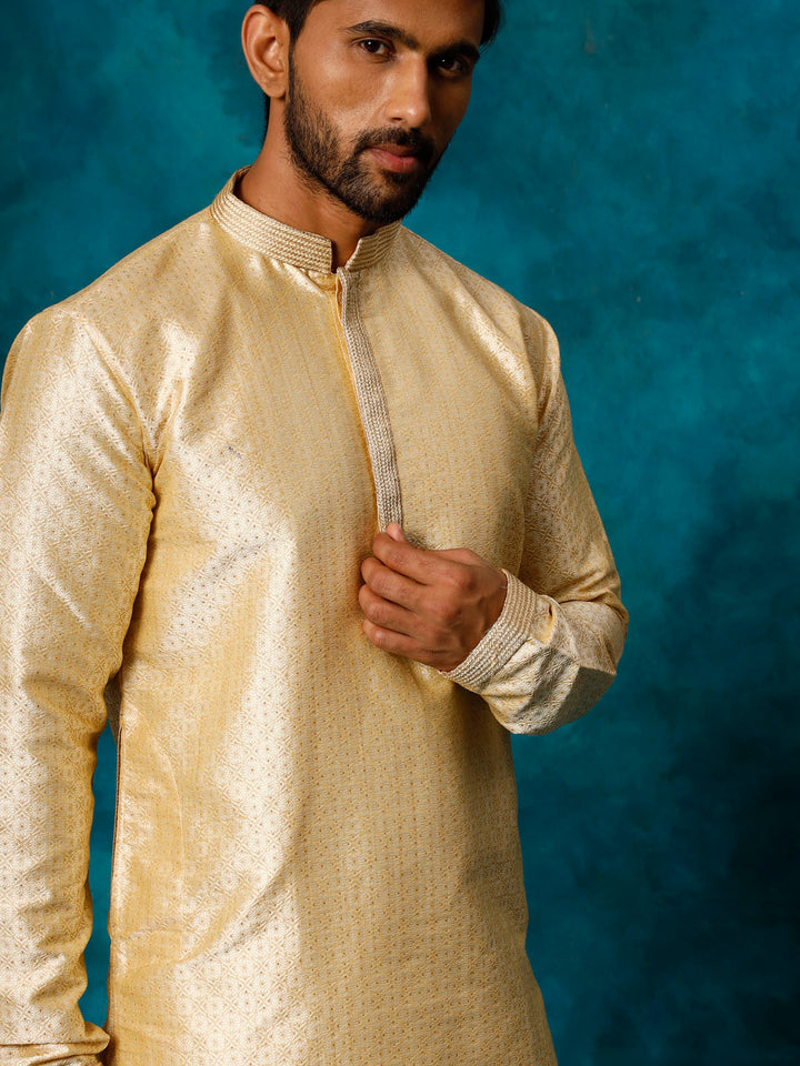 Sarvati Men's Beige Banarasi Jacquard Kurta Pyjama Set