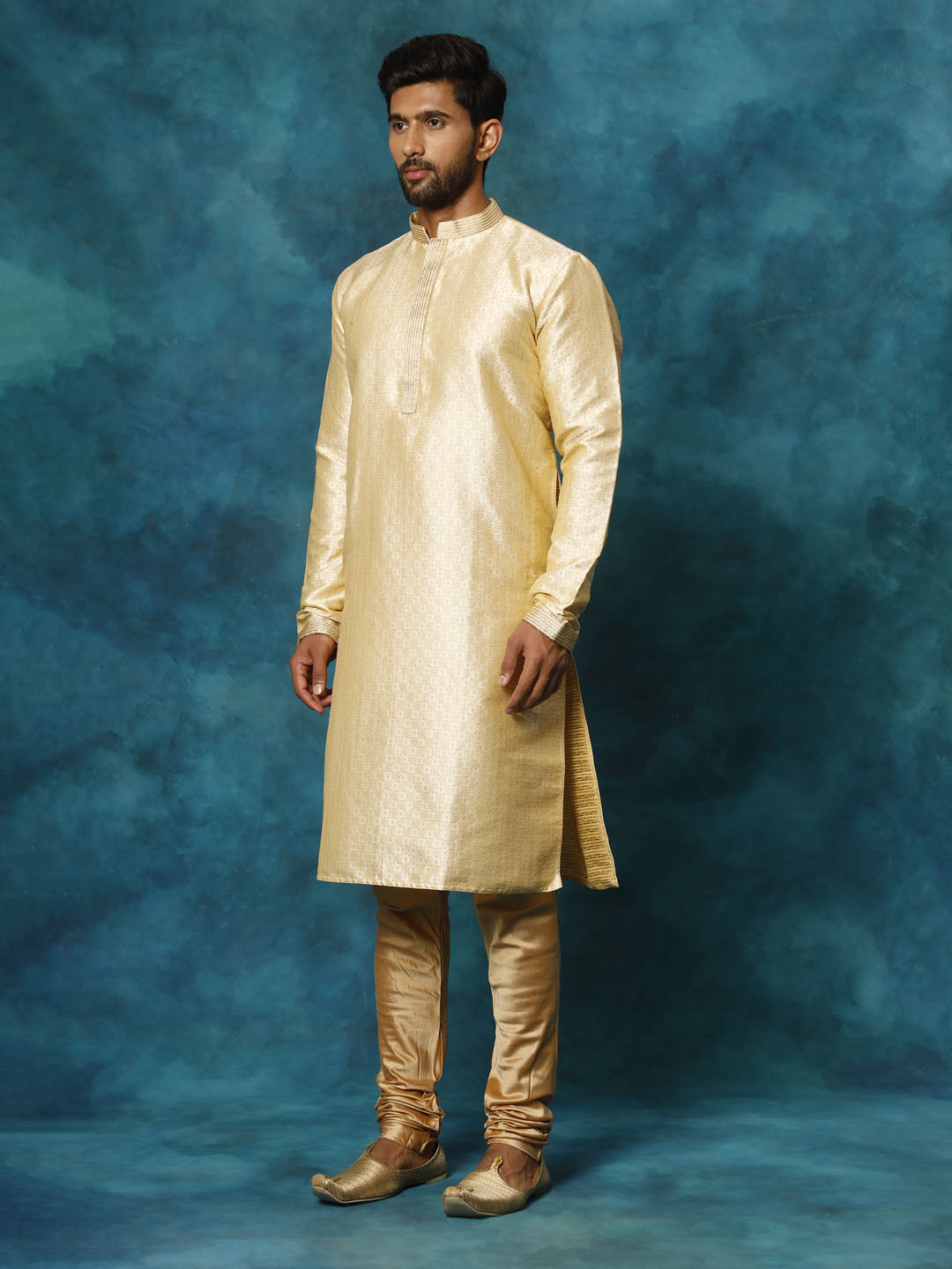 Sarvati Men's Beige Banarasi Jacquard Kurta Pyjama Set