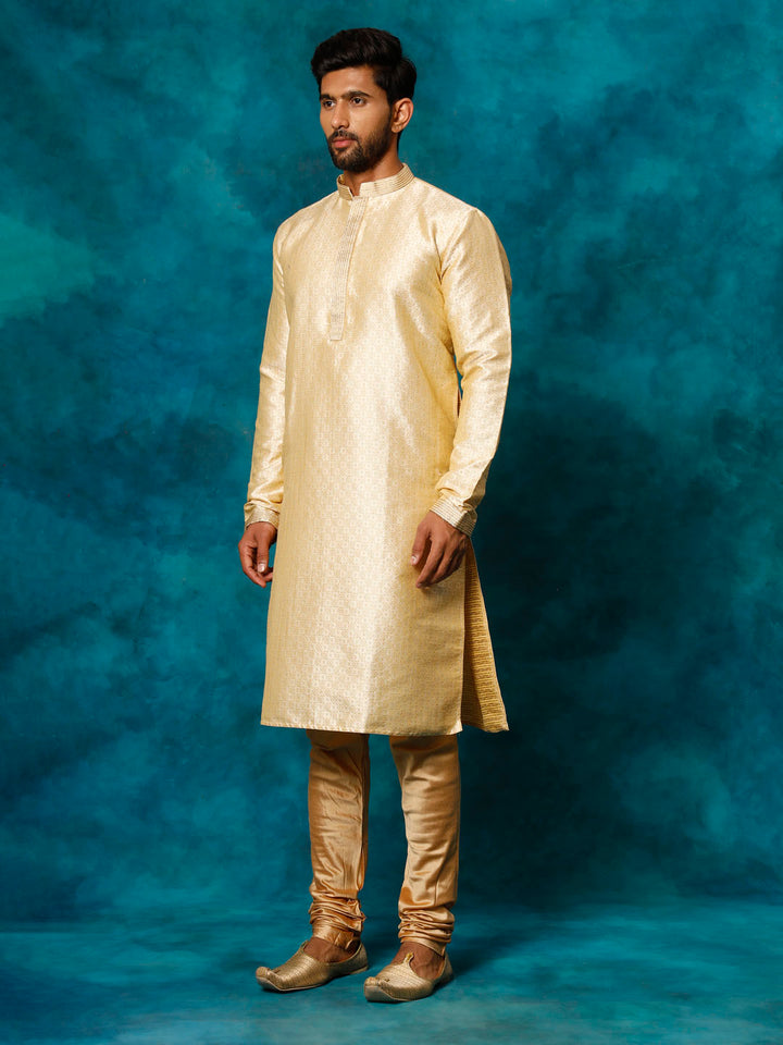 Sarvati Men's Beige Banarasi Jacquard Kurta Pyjama Set