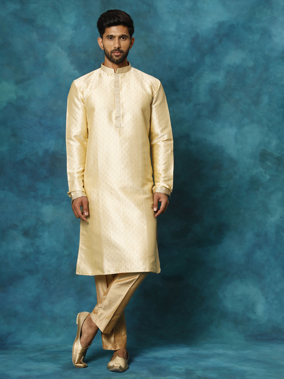 Sarvati Men's Gold And Rose Gold Silk Blend Kurta Pyjama Set