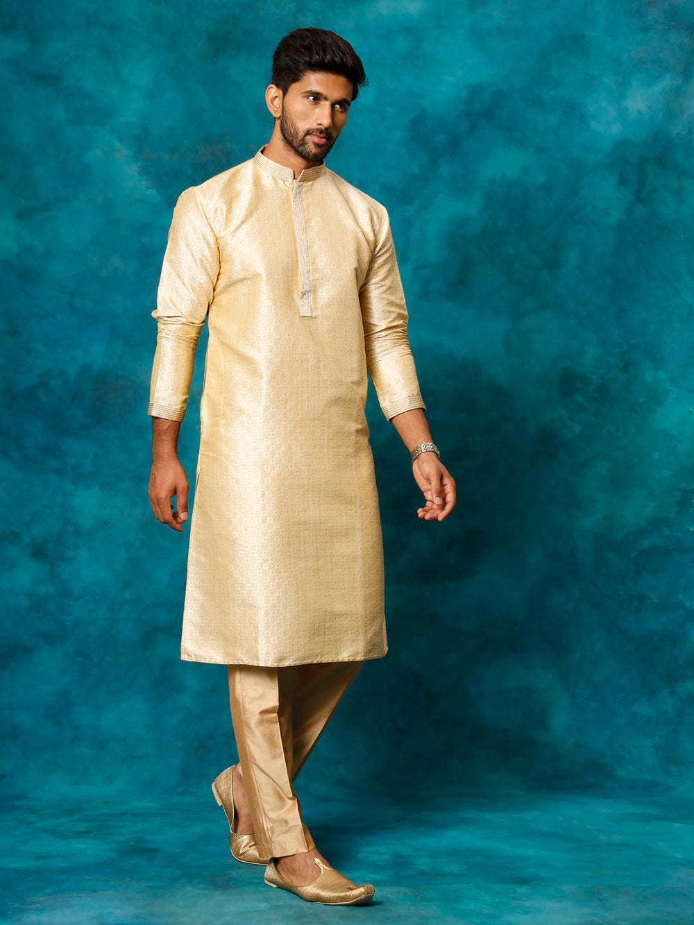 Sarvati Men's Gold And Rose Gold Silk Blend Kurta Pyjama Set