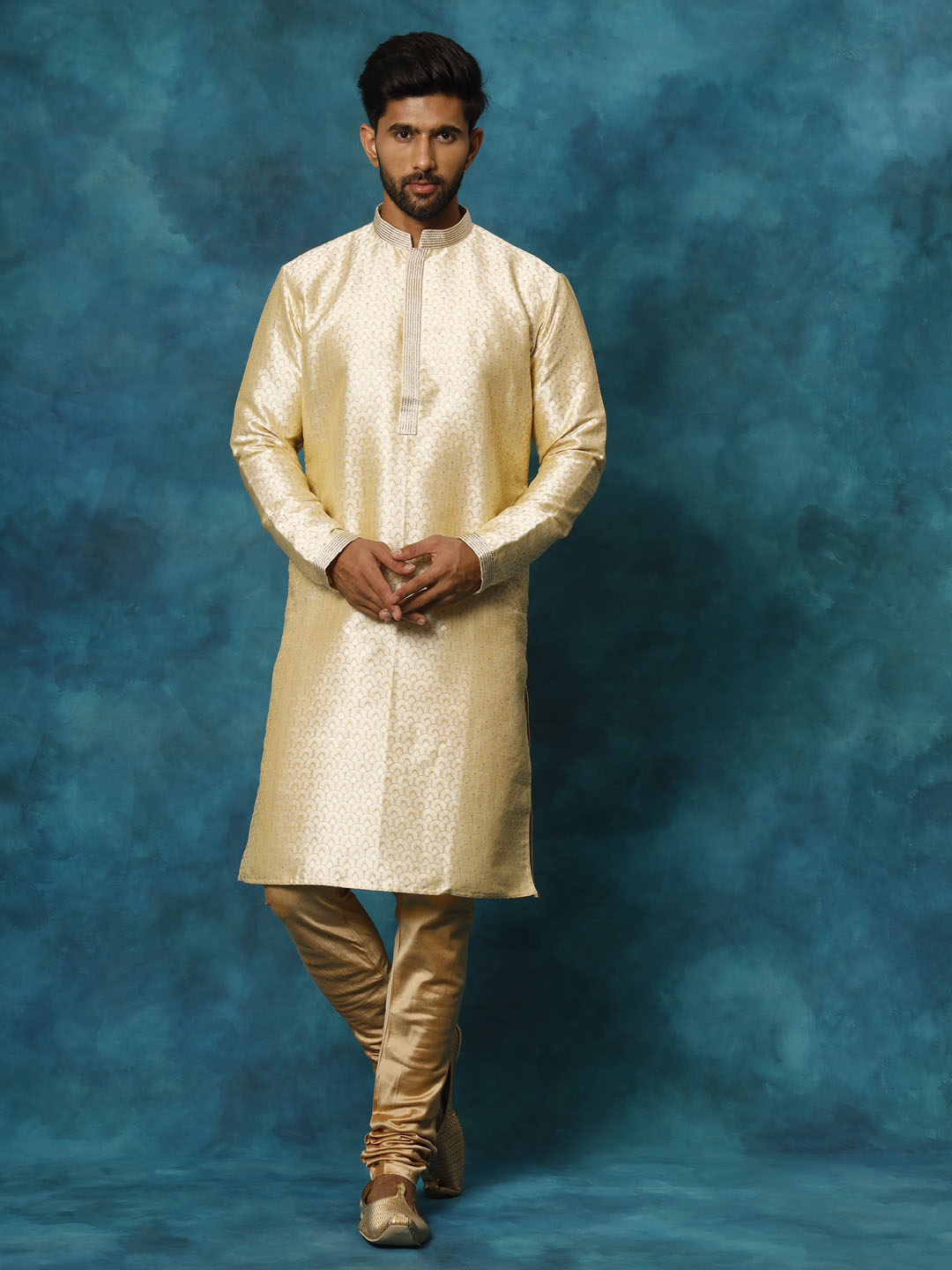 Sarvati Men's Gold jacquard Kurta With Pyjama Set