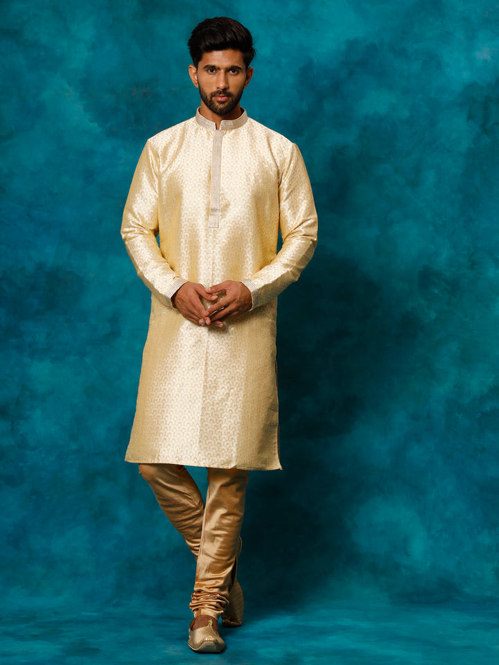 Sarvati Men's Gold jacquard Kurta With Pyjama Set