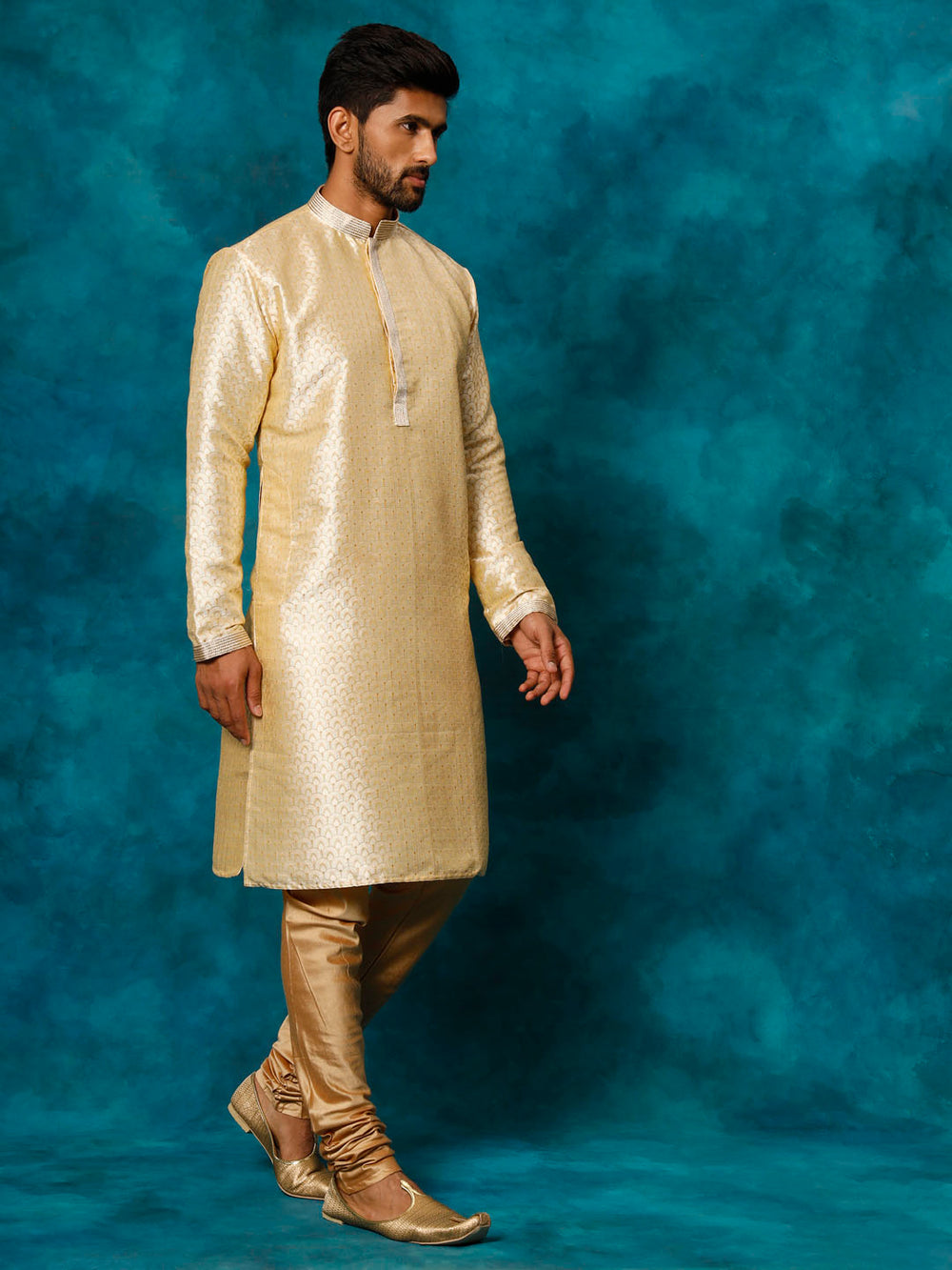 Sarvati Men's Gold jacquard Kurta With Pyjama Set