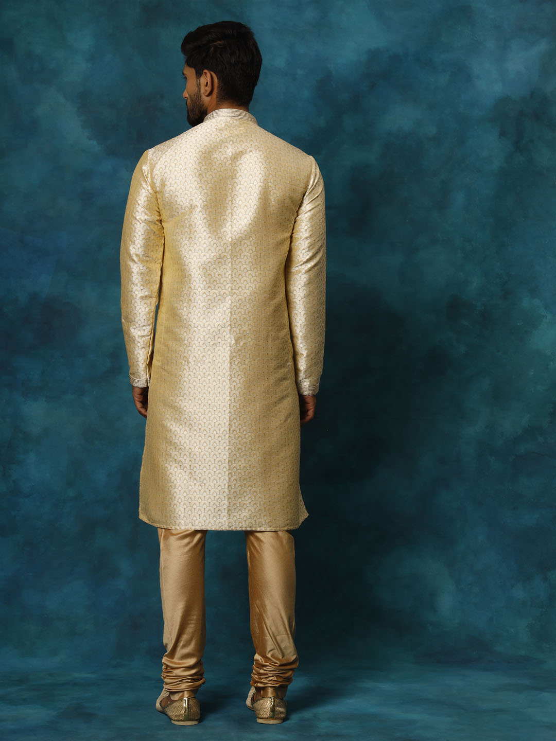 Sarvati Men's Gold jacquard Kurta With Pyjama Set