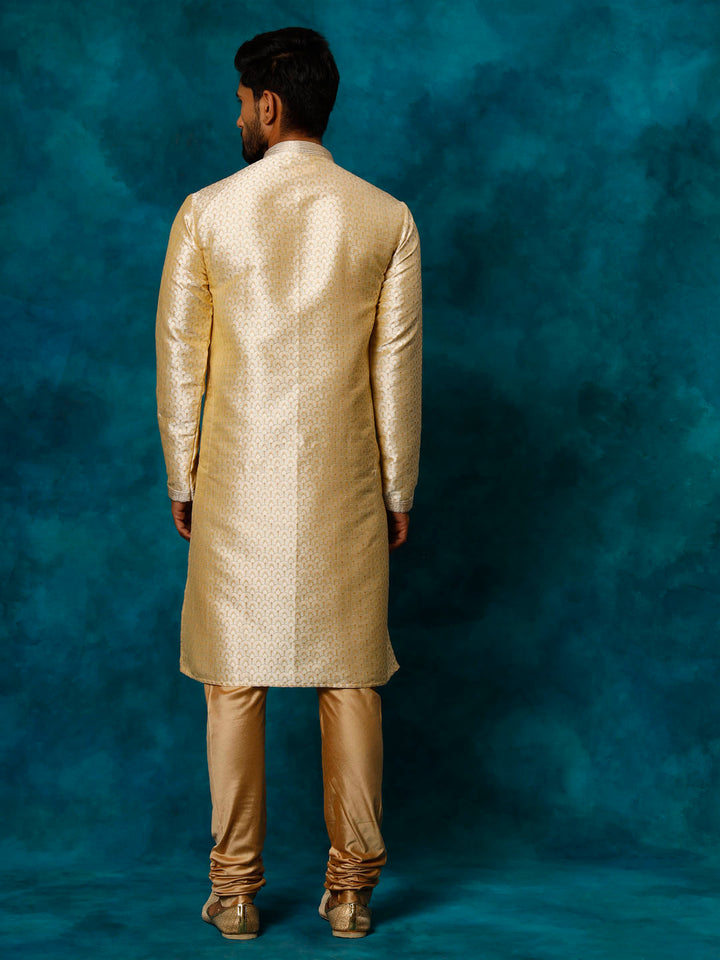 Sarvati Men's Gold jacquard Kurta With Pyjama Set