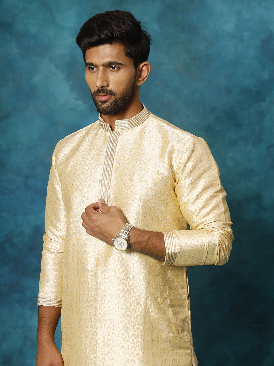 Sarvati Men's Gold jacquard Kurta With Pyjama Set