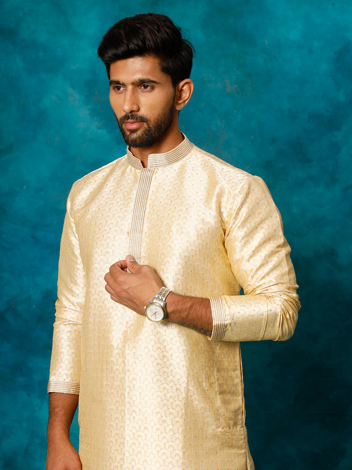 Sarvati Men's Gold jacquard Kurta With Pyjama Set