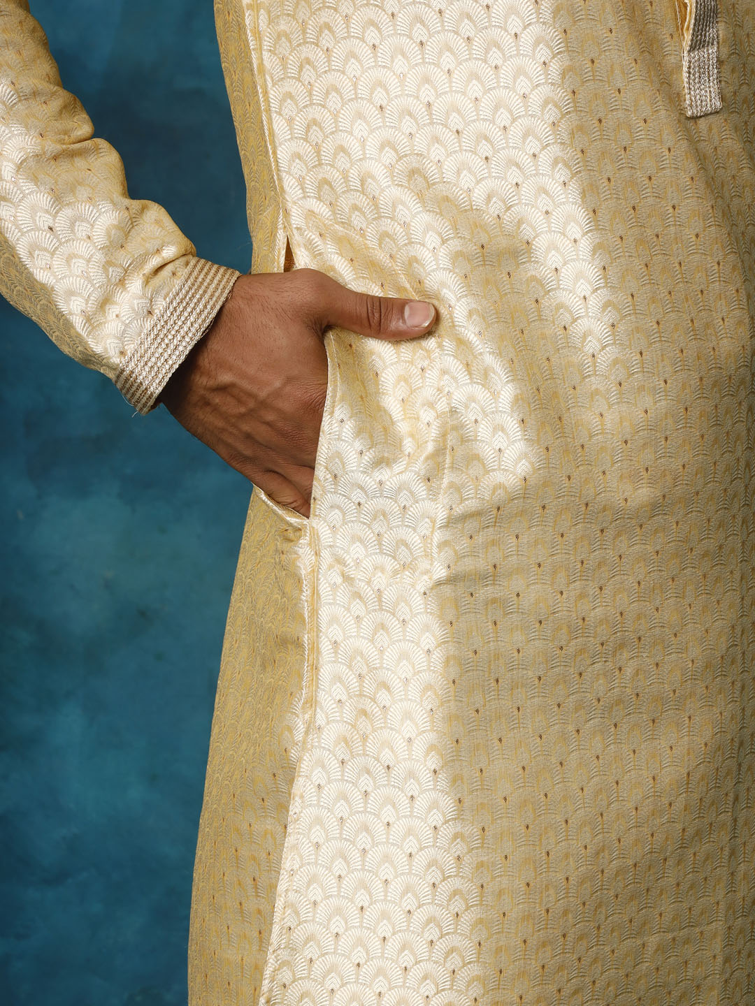 Sarvati Men's Gold jacquard Kurta With Pyjama Set