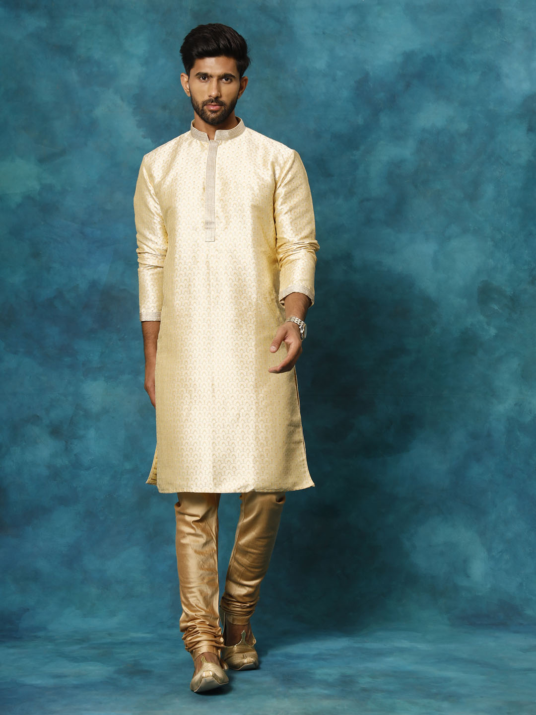 Sarvati Men's Gold jacquard Kurta With Pyjama Set