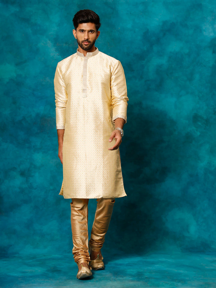 Sarvati Men's Gold jacquard Kurta With Pyjama Set