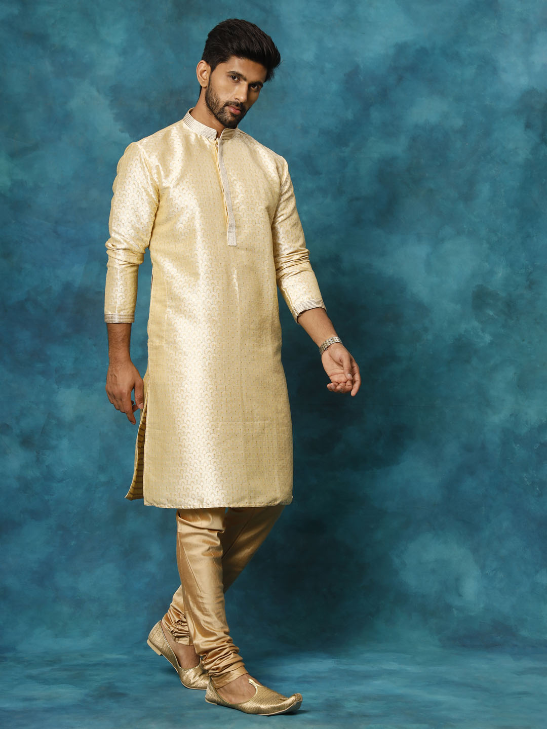 Sarvati Men's Gold jacquard Kurta With Pyjama Set