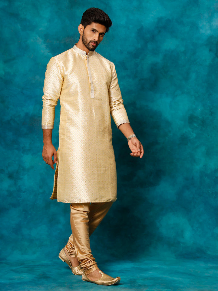 Sarvati Men's Gold jacquard Kurta With Pyjama Set