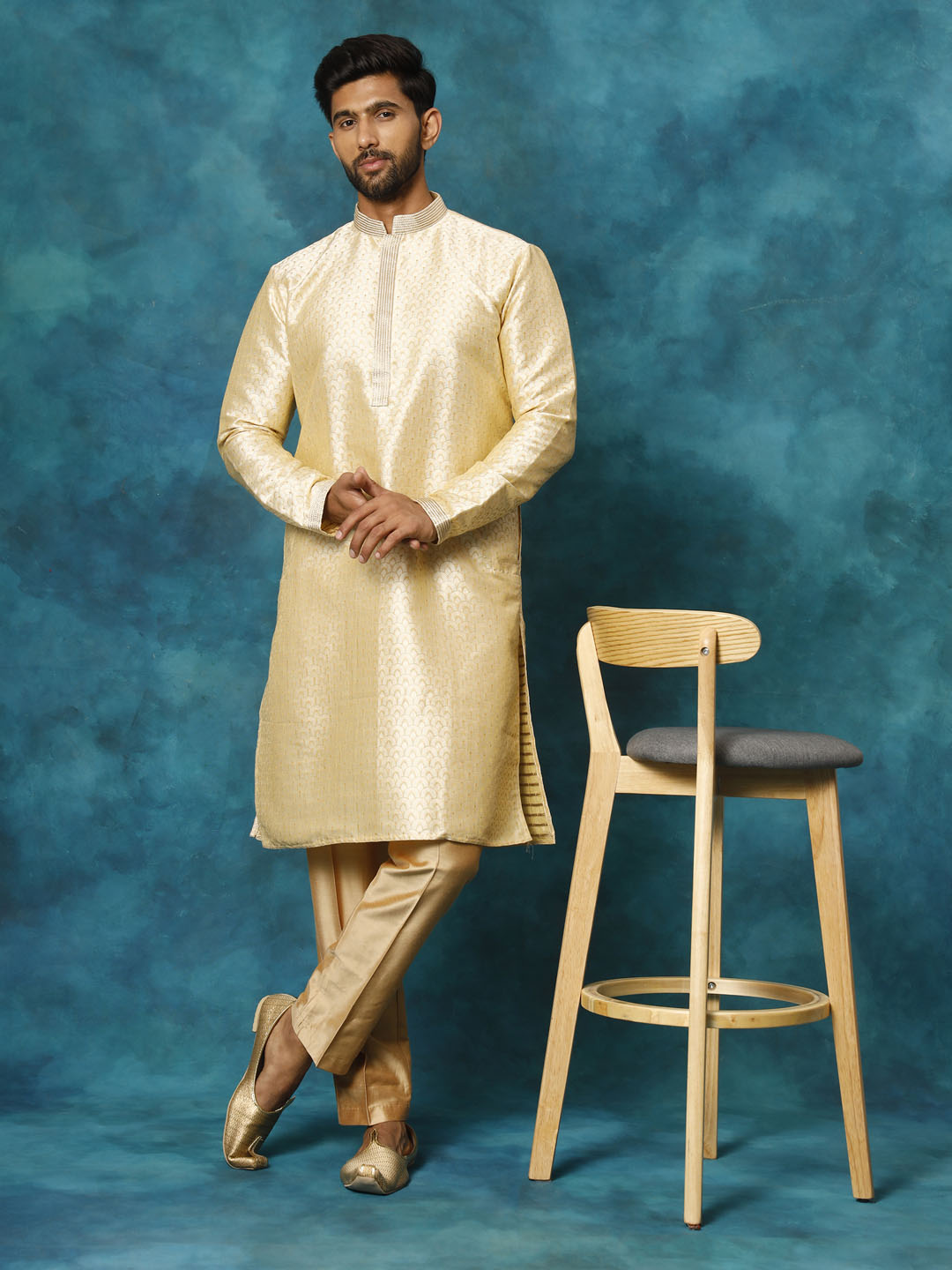 Sarvati Men's Beige jacquard Kurta With Pant Set