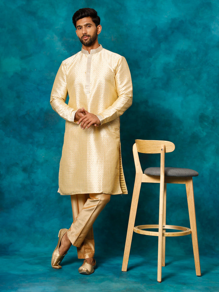 Sarvati Men's Beige jacquard Kurta With Pant Set