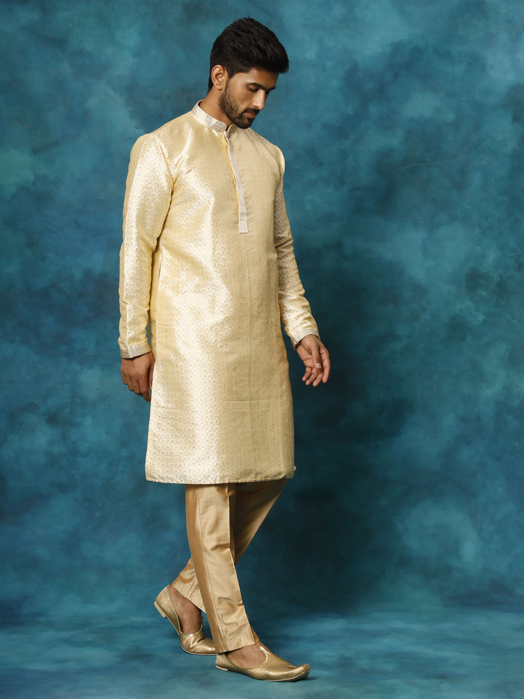 Sarvati Men's Beige jacquard Kurta With Pant Set