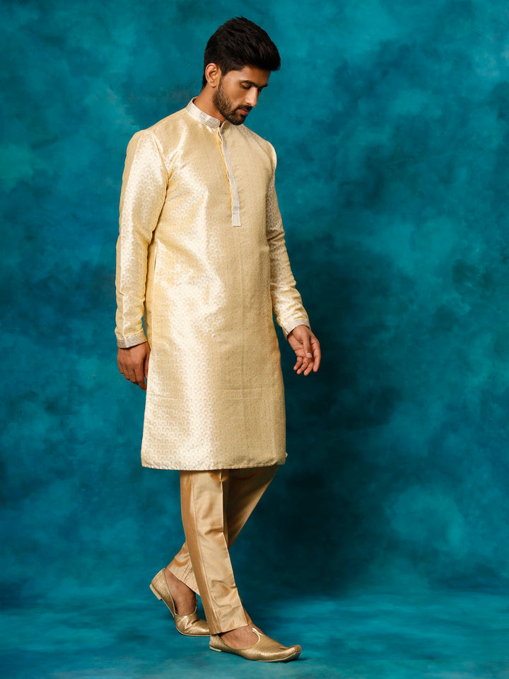 Sarvati Men's Beige jacquard Kurta With Pant Set