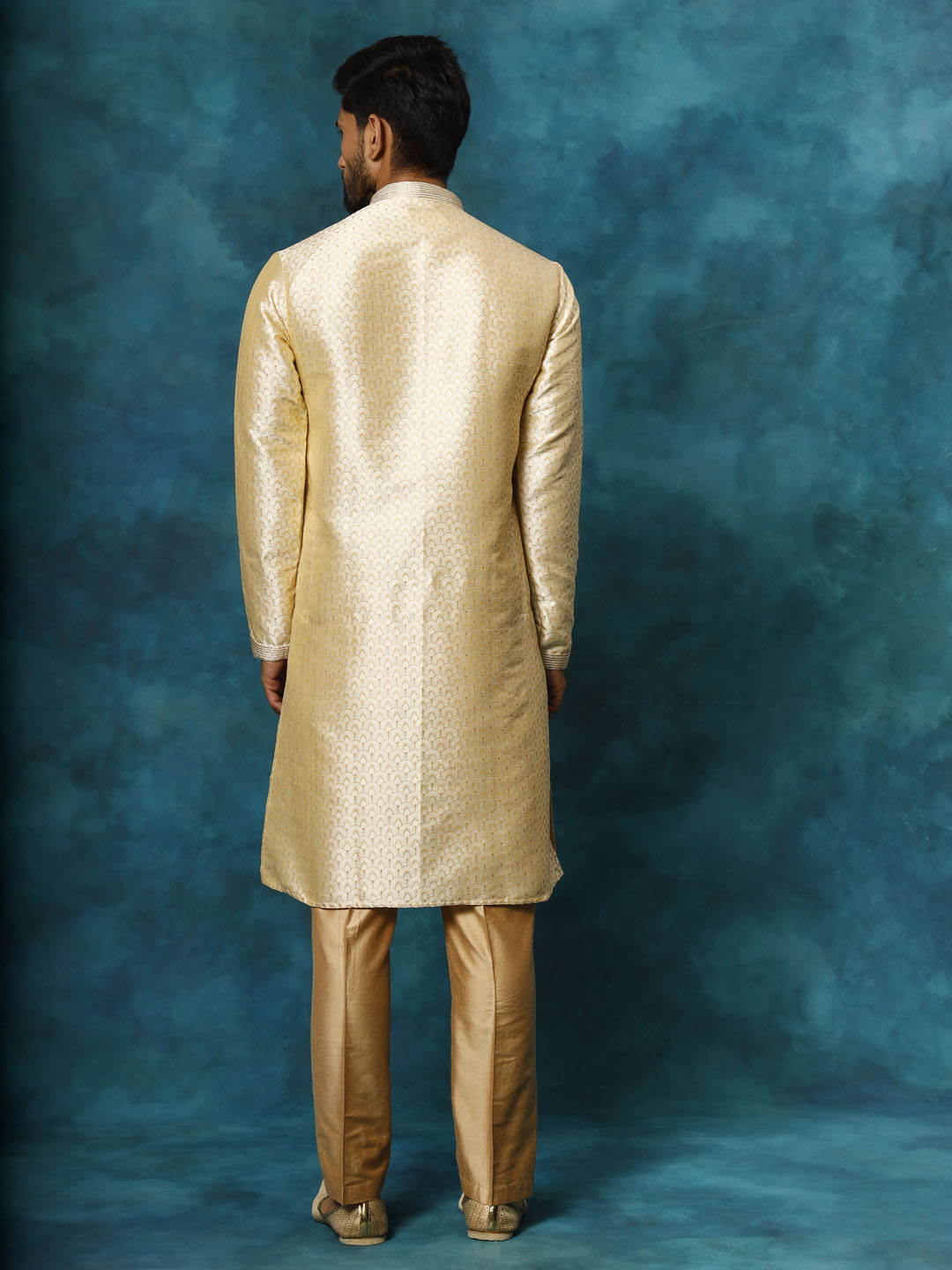 Sarvati Men's Beige jacquard Kurta With Pant Set