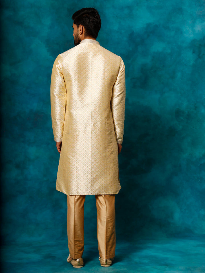 Sarvati Men's Beige jacquard Kurta With Pant Set