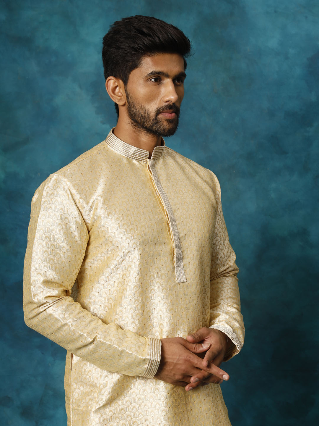 Sarvati Men's Beige jacquard Kurta With Pant Set