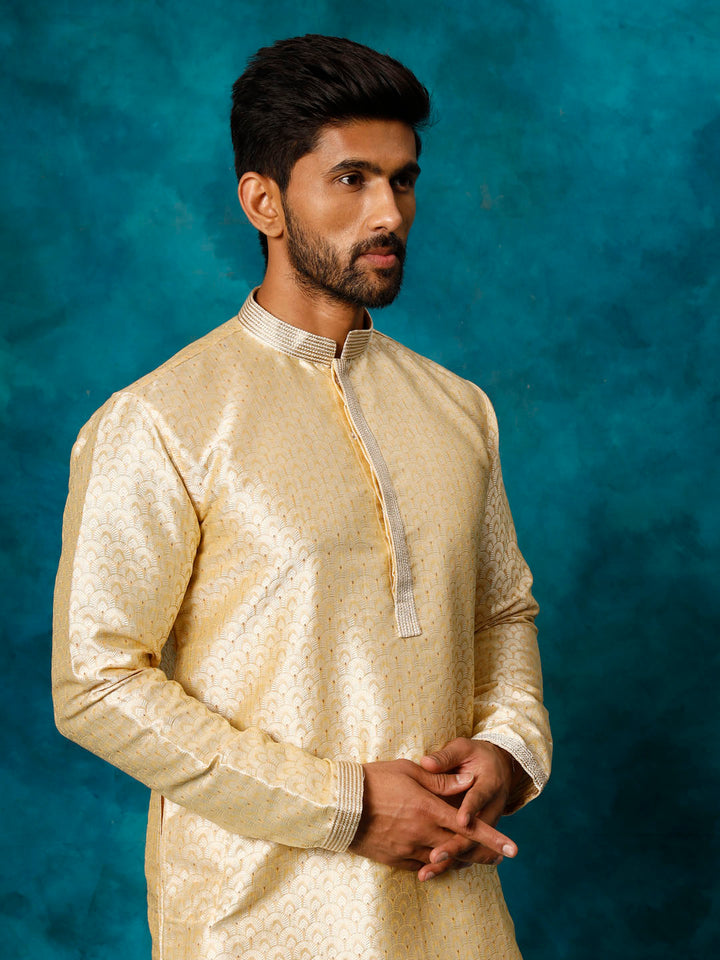 Sarvati Men's Beige jacquard Kurta With Pant Set