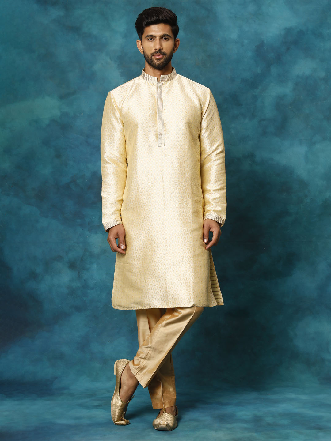 Sarvati Men's Beige jacquard Kurta With Pant Set