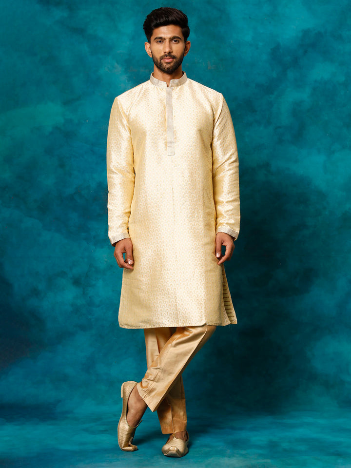 Sarvati Men's Beige jacquard Kurta With Pant Set